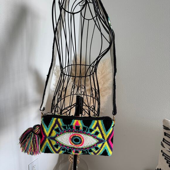 Boutique Handmade Evil Eye Woven Convertible Colorful Clutch Purse Tasseled - Picture 3 of 10